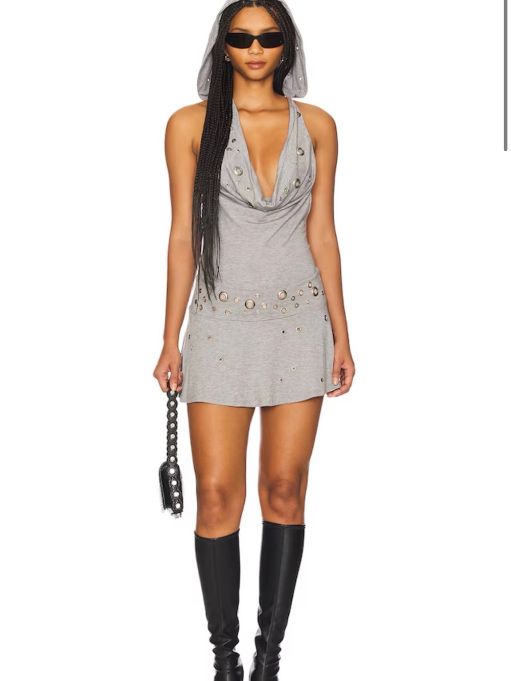 Jaded London Marl Eyelet Hooded Dress in Grey